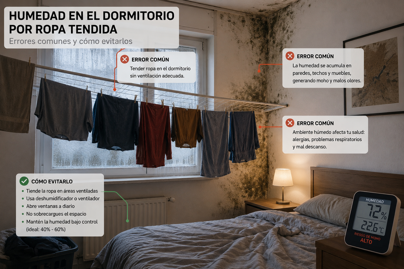humedad en dormitorio por ropa tendida: errores comunes y cómo evitarlos