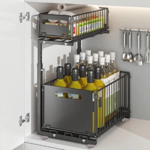 Organizador extraíble bajo fregadero de 2 niveles, altura ajustable y acero al carbono negro