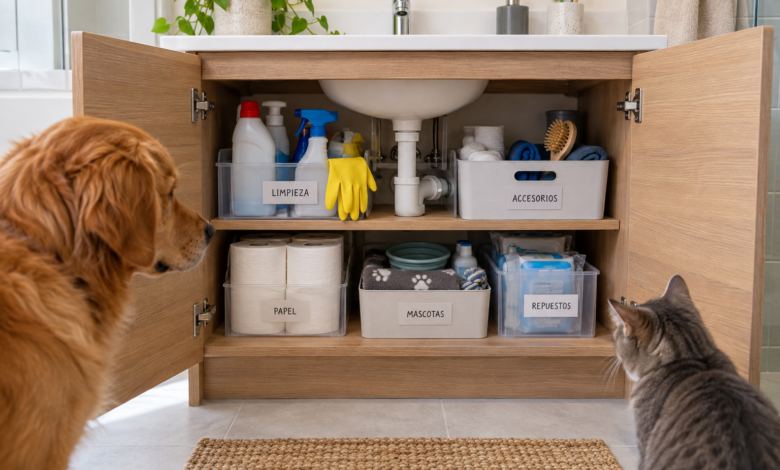 Organización bajo el lavabo para hogares con mascotas