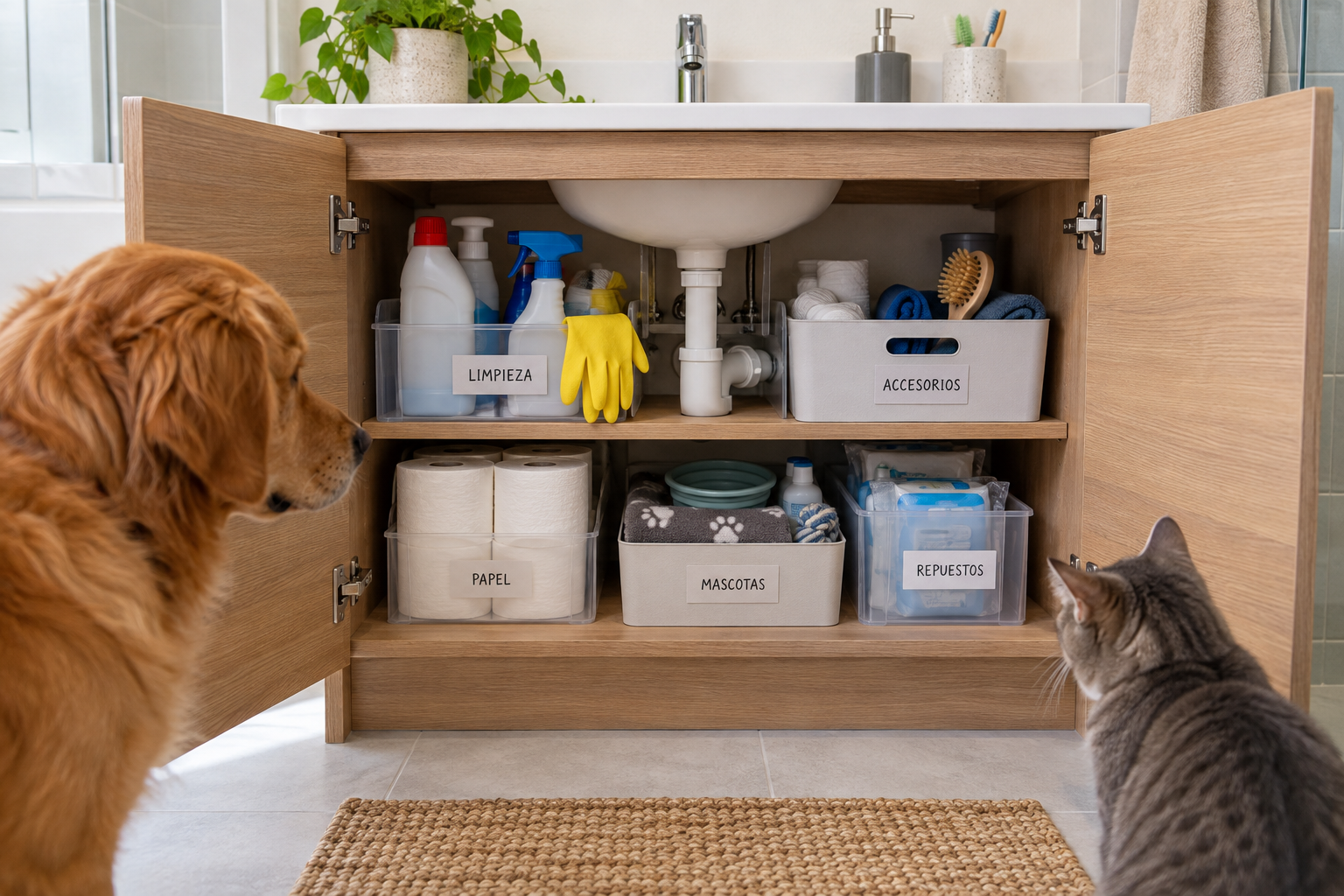 Organización bajo el lavabo para hogares con mascotas